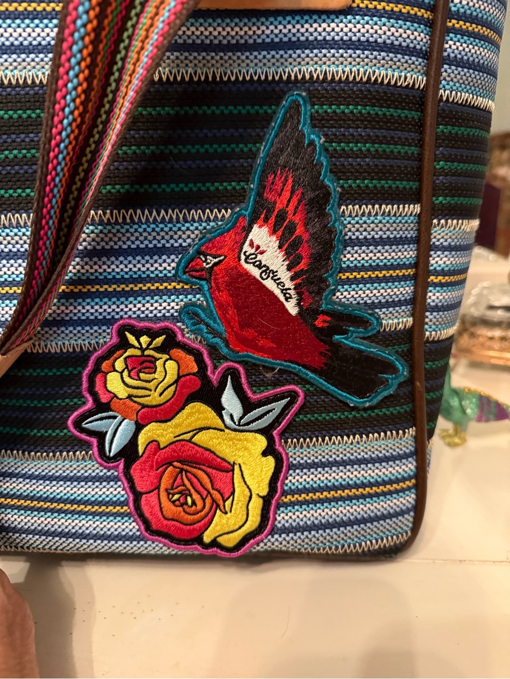 Consuela Multicolor Striped Tote with Red Bird & Floral Patches